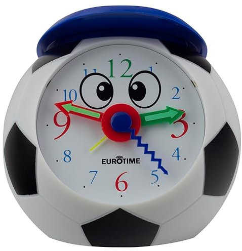Eurotime Kinder Quarzwecker mit schleichender Sekunde, Fussballwecker mit Mütze, Kunststoffgehäuse und Kunststoffabdeckung, Licht, Weckwiederholung