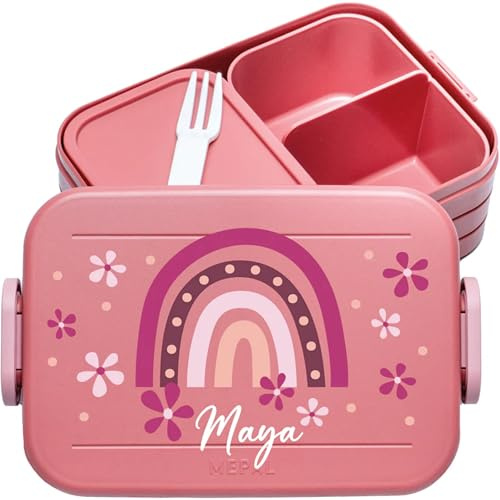 4youDesign | Personalisierte Kinder Brotdose Midi Rosa mit Namen - Lunchbox Regenbogen mit Blumen Motiv für Kindergarten & Schule - Brotzeitdose Mädchen Junge
