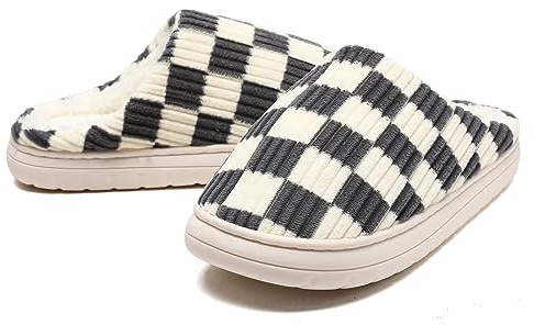 Waysoland House Slippers Women Men,Fuzzy Ladies Memory Foam Checkered Slip on Anti-Skid Sole Bedroom Cloud Slippers Indoor Outdoor(Grey,10.5/11 UK)