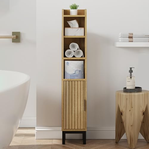 Narrow Bathroom Storage Cabinet Corner Toilet Paper Floor Cabinet 5 Tiers | FerniTry Small Slim Bathroom Organizer with Door and Adjustable Shelves Shelf for Small Spaces Freestanding ModernOak