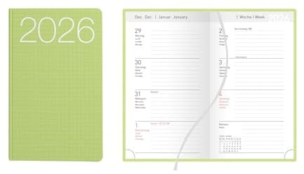 Idena 12043 - Taschenkalender 2026, Ladytimer im Format 8,7 x 15,3 cm, 1 Woche auf 2 Seiten, Terminplaner mit Flexicover-Einband in Grün, Leseband und Eckperforation