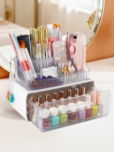 40 Holes Nail Polish Organiser Storage Box, Nail Drill Holder with Drawer | Acrylic, 2 Layers, 40 Holes, Cosmetic Makeup Organizer Case for Dresser Bathroom Vanity