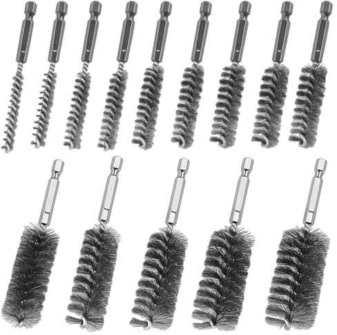 GYTFOG 14Pcs Stainless Steel Twisted Wire Bore Brush Set, 8-25mm, 1/4 Hex Shank, for Cleaning Car Parts, Tube, Kitchen, Garage