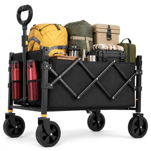 Bollerwagen Faltbar 120L Tragkraft 160KG, 360° Geländeräder, Bollerwagen XL mit 2 Getränkerhaltern, Handwagen mit Leisebetrieben Rädern, für Camping Einkäufe Hunde und Strand, 78x45x107cm