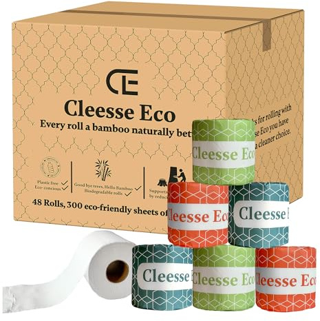 Cleesse Eco Bamboo Toilet Roll – Pack of 48 | Ultra Soft & Smooth 3-Ply | 300 Sheets per Premium Roll | Bulk Family Pack | Strong, Biodegradable, Plastic-Free