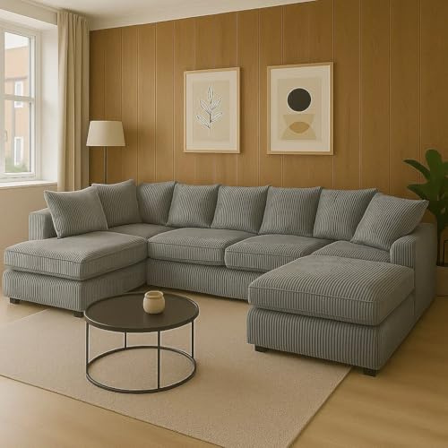 SofaHeaven - Cream Jumbo Cord U-Shaped Cord Sofa - Large Modular Sofa with Memory Foam Seating & Removable Cushion Covers - Seats 6-7 People - Ideal U-Shape for Living Room (Grey)