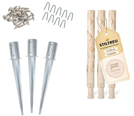 STILTREU 3 Stk. teilgefräste Pfosten aus Kastanie, Länge 120 cm, Durchmesser 8 cm inkl. Einschlaghülsen, Schrauben und Krampen