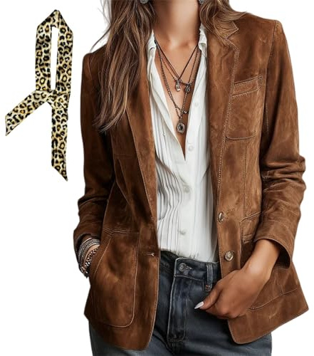 INLANDSIS Giacca da donna in finta pelle scamosciata, stile retrò, a maniche lunghe, con risvolto frontale, giacca da lavoro con tasche