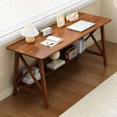 NELYE Holz Langer Schreibtisch mit Regal - 140 x 50 cm Stabiler PC-Tisch | Stabile Beinstütze, Einfache Installation, Geeignet für kleine Büros, Ausreichend Platz, mit Stauraum