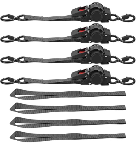 Set di 4 cinghie a cricchetto automatiche, ruote in acciaio inox (304), 3,5 m x 25 mm, carico di rottura 680 kg, custodia inclusa, adatte per camion, rimorchi, moto e biciclette