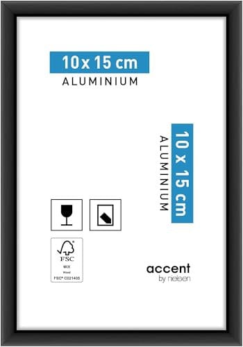 accent by nielsen Bilderrahmen, 10 x 15 cm, Aluminium, Schwarz matt, Fotorahmen zum Auftstellen und Aufhängen im Hoch- & Querformat, Echtglas, Accent