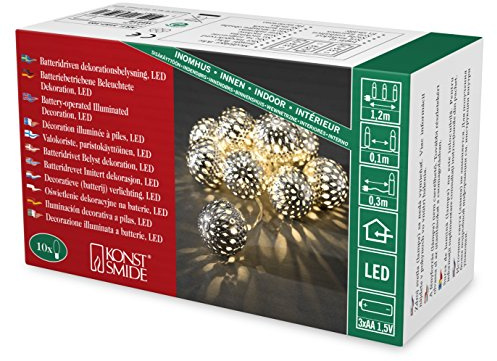 Konstsmide LED Dekolichterkette, große silberfarbene Metallbälle, 10 warm weiße Dioden, batteriebetrieben, Innen, transparentes Kabel, 3 x AA 1.5V (exkl.) - 3157-303