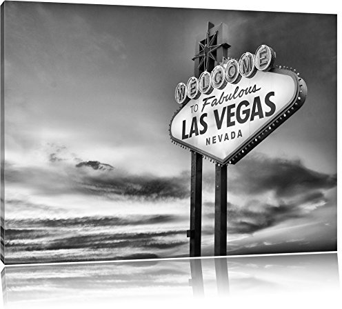 Pixxprint Monocrome, Las Vegas Schild in der Dämmerung, Größe: 100x70cm, Leinwandbild, fertig gespannt, Wandbild, Dekoration, Kunstdruck, kein Poster
