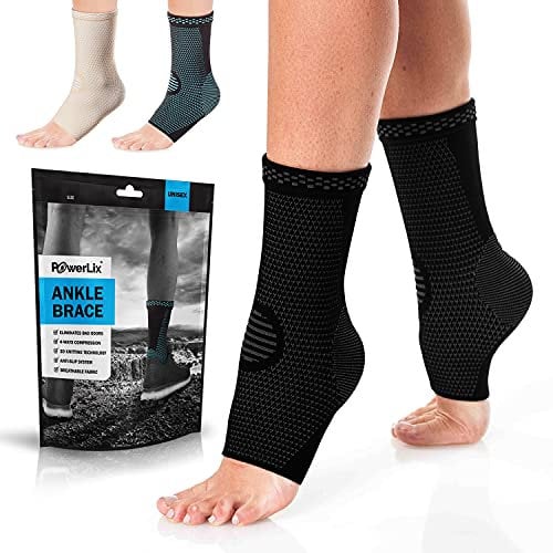 POWERLIX Ankle Support Brace 2 Pack, Ankle Brace for Men/Women/Kids, Support for Ligament Damage, Sports Protect, Injury Recovery, Plantar Fasciitis Foot Socks with Arch Support, Black, L