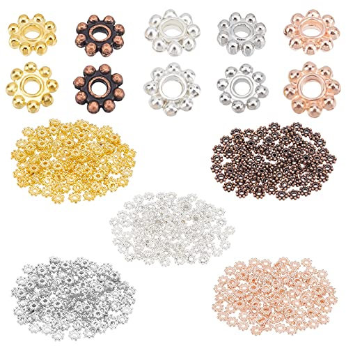PandaHall 500Pcs Tibetische Blume Abstandhalter Perlen 5-Farben Legierung Daisy Perlen Floral Lose Abstandhalter Perlen Metall Blume Perlen Flache Metall Abstandhalter für Armband Schmuckherstellung