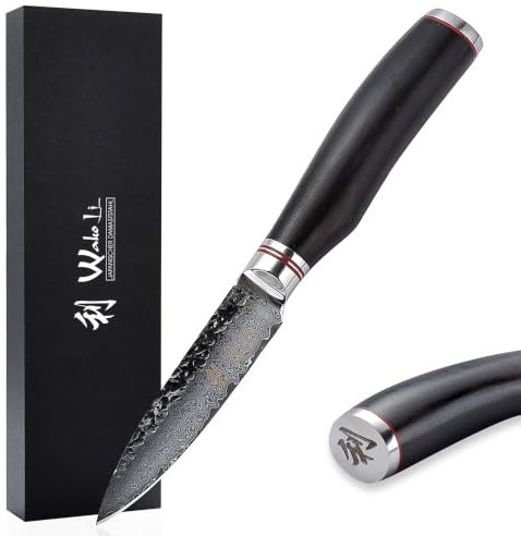 Wakoli EBO Officemesser 9 cm Klinge aus 67 Lagen Damaststahl mit VG10-Kern | Hammerschlag, schwarzer Eichenholzgriff, 60 ± 2 HRC und beidseitiger 15° V-Schliff zum Schälen, Putzen und Dekorieren