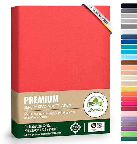 leevitex® Premium Wasserbett & Boxspringbett Spannbettlaken | Spannbetttuch | 200 x 220 bis 220 x 240 | 97% Mako-Jersey-Baumwolle | 3% Elastan | Rot | 195 g/m²
