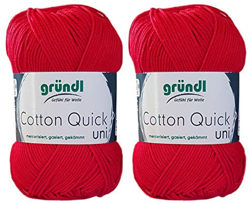 2x50 Gramm Gründl Cotton Quick 100% Baumwolle, Häkelgarn mercerisiert, gasiert, gekämmt inkl. Anleitung für ein Meerschwein (147 Signalrot)