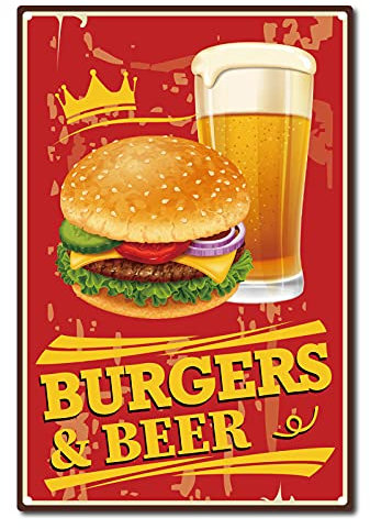 CREATCABIN Burger Bier Metallschild Hamburger Schild Retro Vintage Bar Blechschilder Für Snackery Restaurant Dekoration, 8 x 12 Zoll