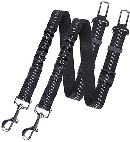 Nobleza Cintura di Sicurezza per Cani, 2 Pezzi Cintura di Sicurezza per Cani con Striscia Riflettente e Ammortizzazione Elastica, Guinzaglio Cane Auto Regolabile in Nylon con Gancio, Nero, 50-70cm