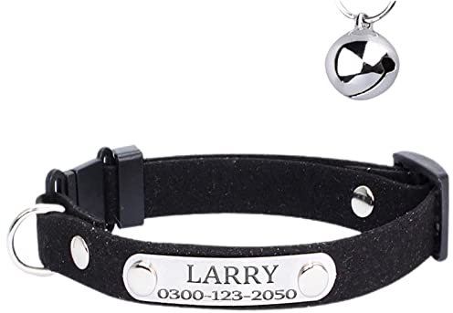 Yonsbox Personalisiert Anti Strangulation Katzenhalsband mit Namen Glöckchen Sicherheitsverschluss Adresse 20-26 cm Hals Adjustable Schwarz Katzen Halsbänder für Alle Hauskatzen