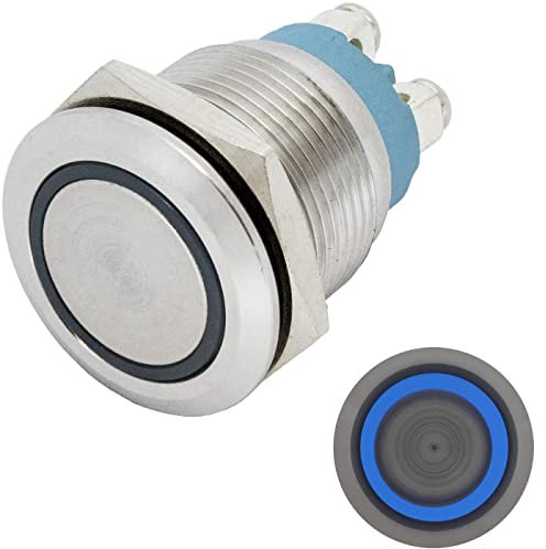 Lumonic Edelstahl Drucktaster flach 19mm Durchmesser I Mit einer Ring LED in Blau Maße: Schraubanschluss 250V 3A I Vandalismussicher nach dem IP65 Standard