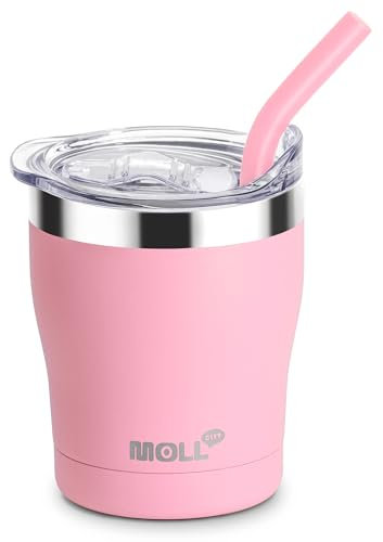 Mollcity 9 oz Kids Cups with Straws and Lids, Stainless Steel Toddler Smoothie Cup with Straws, Spill Proof Insulated Kids Sippy Cups Tumblers(Pink)