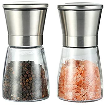 UKMOKE 2Pcs Salt and Pepper Grinder Mill Set,Large Capacity Adjustable Ceramic Coarseness Stainless Steel Pepper Salt Grinders Silver
