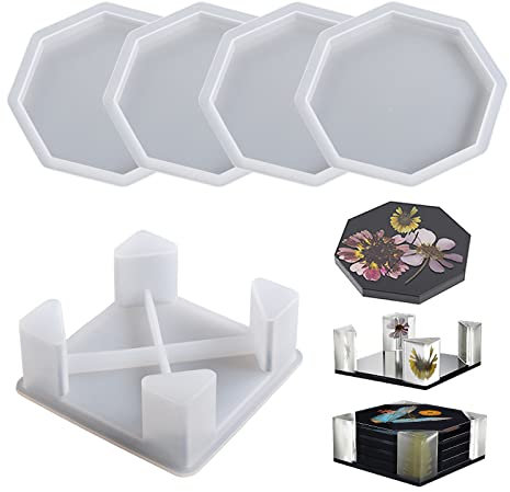 Bekecidi Untersetzer Harz Formen 5 PCS - Untersetzerform Epoxidharz Formen mit Untersetzer Halter, Octagon Untersetzer Silikonform Halter Diamant Rand Kits Epoxy Cup Mats Form für Haus Dekoration
