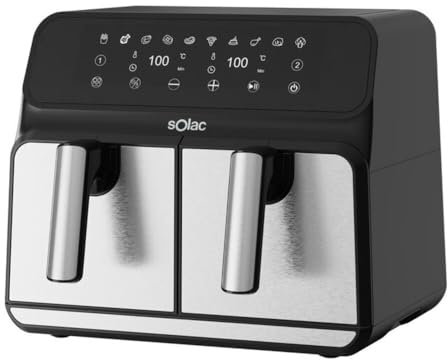 Solac - Freidora sin Aceite Doble Cubeta 1700W | 8L: 4 cada cestillo | Air Fryer 60-200º | Antiadherente | Panel Control Táctil Multifunción | Programable Temporizador | Freidora Aire 11 Menu | Inox