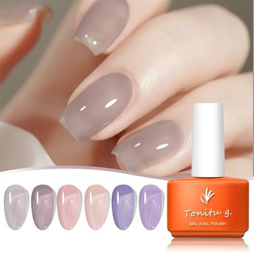 Tonitu G Jelly Gel Nail Polish Set 6 pcs Colors, Taupe Peachy Pink Salmon Pink Lilac Violet Dusty Purple Gel Nail Art Kit, UV LED Soak Off for Salon Manicure and Nail Art DIY at Home, for Gift