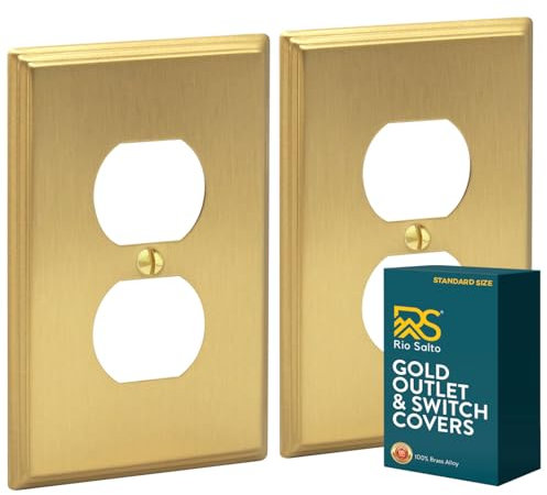 Rio Salto BRASS Metal Gold Outlet Cover or Light Switch Cover Wall Plate Single Duplex Receptacle Wallplate Covers 1 Gang Single Brushed Brass Duplex 1-Gang 2pk Modern - Standard Size