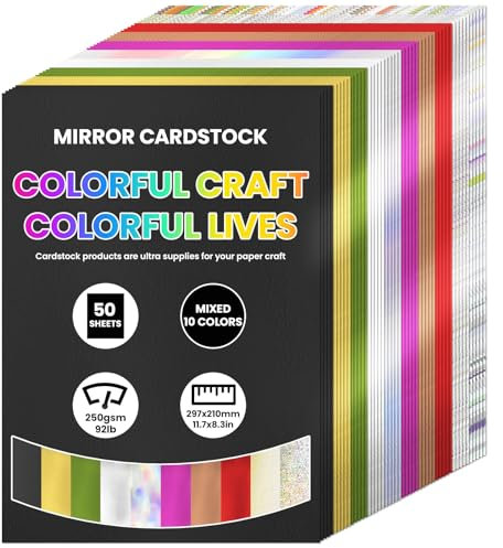 50 Blatt A4 Mixed Color Mirror Cardstock Paper, Tonkarton DIN-A4, 10 Farben, 250g /m², Metallic Reflektierendes Papier, Fotokarton für Schule, Hobby, Kinder & DIY, Fotoalben, Geschenke, Kreativität