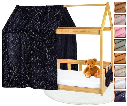 Lovely Hippo Hausbett Himmel - 100% Baumwolle - Betthimmel Hausbett aus Musselin - Bett Vorhang Kinderbett - Himmelbett Vorhänge 90x200cm (Nachtblau/Gold Tasche, 120 x 370 cm (1er Set))