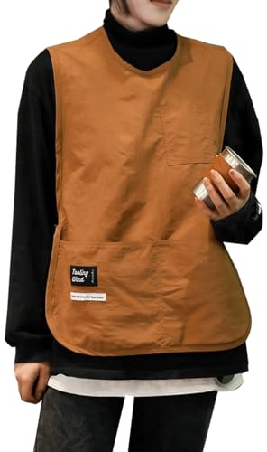 Uteynee Waterproof Nylon Cobbler Apron for Women with 4 Pockets, Vested Smock Buckle Design for Kitchen Garden Cooking Men, Brown, One size fits most