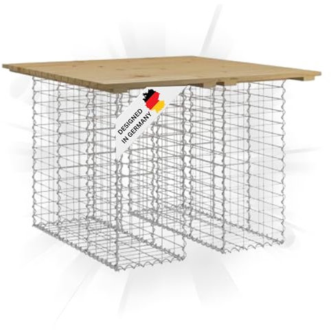 DELUKE Gartenbank Gabionen TELLE aus Stahl | 100x102x72cm Kiefernholz Braun, 30cm Gabionenbreite | Gabionenbank Gartentisch aus Gabionen Steinkorb Gabionengitter Ziergabione Drahtkorb befüllbar