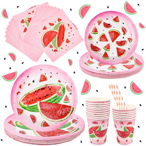 Wassermelonen-Partygeschirr-Set, 80 Stück Geburtstag Deko Kindergeburtstag, Party Teller Mit Tischdecken Tassen Strohhalme Servietten für Babydusche Geburtstagsparty