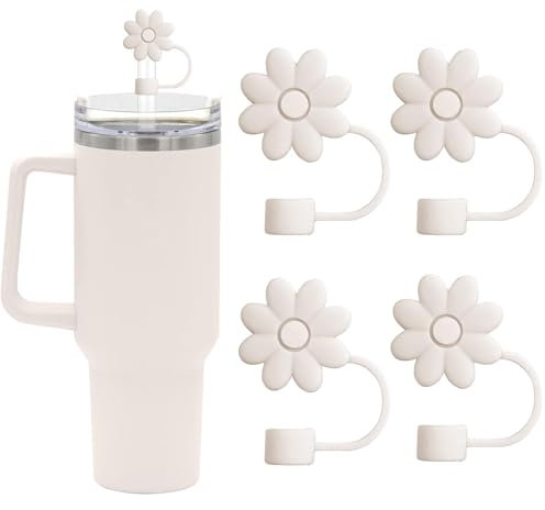 EnigmaDrops Cubiertas para pajitas de flores para vasos Stanley de 30 y 40 onzas, 4 tapas de silicona reutilizables, protectores para pajitas Stanley Cup de 10 mm, color blanco roto