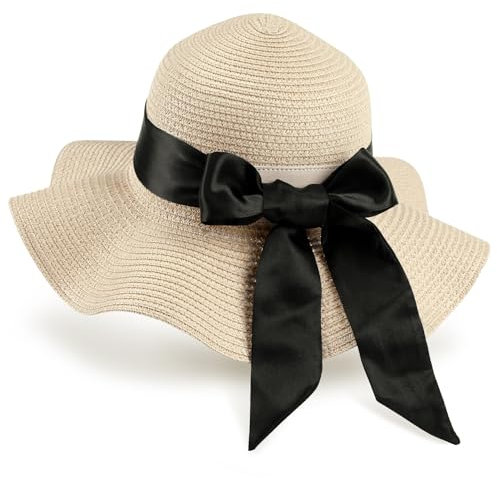 GNEGNI LIFE Floppy Straw Hat, Women Wide Brim Sun Hat Foldable Summer Beach Sun Protection UPF 50+ (Beige & Black Ribbon)