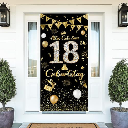 Deko 18. Geburtstag Banner Mädchen Junge,18 Geburtstag Deko,Alles Gute zum Geburtstag Banner 18 Geburtstag,Lange Größe Schwarzes Gold 18 Geburtstag Party Deko Für Frauen und mann 185 × 90 cm