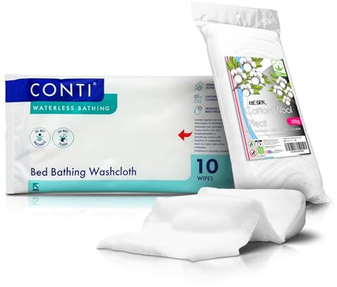 CONTI Wet Wipes Waterless Bathing Washcloth Patient Care Bed Bath Cleansing Wipes (10 Wipes Per Pack | Lightly Fragranced Formula) Includes RE-GEN Cotton Wool Pleat 100g (10 Count - Pack of 6)