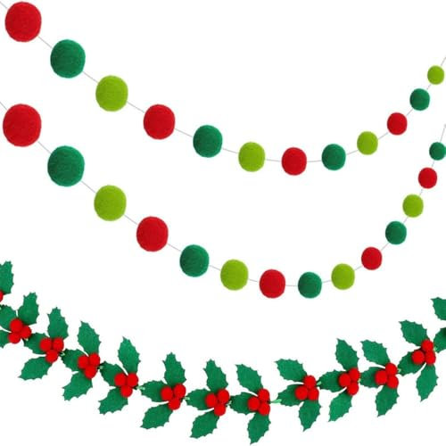 3 banderines de bolas de fieltro de Navidad con hojas de acebo para decoraciones de Navidad, Día de Acción de Gracias, celebración de Año Nuevo, guirnalda de telón de fondo (rojo y verde, 3 piezas)