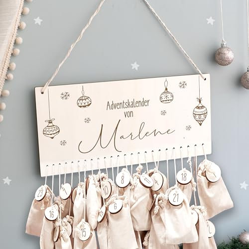 Adventskalender Personalisiert für Kinder | Advent Kalender zum befüllen aus Holz | Wandmontage Weihnachtskalender DIY mit Namen | hellomini (Weihnachtskugel)