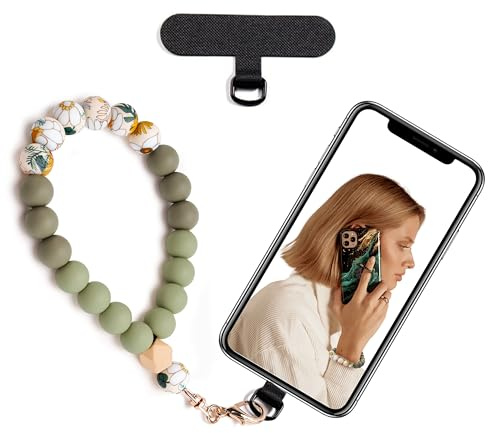 Lostars Silikonperlen-Handykette Kurz, Handyanhänger mit Handy Lanyard Pads, Elastische Handy Kette für freihändigen Gebrauch, für die Meisten Smartphones (Hellgrün)