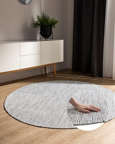 benuta Basic handgewebter Baumwollteppich Ron - Beige/Schwarz 200 cm rund - Handwebteppich 100% Baumwolle - rund im Stil: Uni, Minimalistisch, Natural Living - Pflegeleicht für Wohnzimmer Schlafzimmer