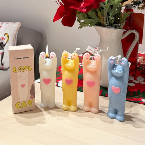 4 Stück Süße Katze Kerzen Set, Aroma Sojawachs Dekorative Kerze, Handgefertigte Natürliche Duftende ästhetische Kerzen Set für Tisch Foto Requisite Geburtstagsgeschenk