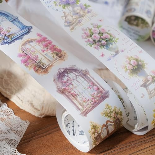 Bullet Journal Zubehör Stickers Set,Blumen Girls Vintage Aesthetic Scrapbooking Stickers,Arpaper 6 Rolls Washi Tape Stickers Decorative for Journal Zubehör,Laptop,Photo Album(Flower Mirror Series)