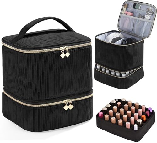 Nail Polish Organizer Holds 30 Bottles (15ml) and 1 Nail Light Nail Polish Carrying Case with Storage Pockets for Manicure Tools Double Layer Storage Travel Bag (Corduroy-Black)