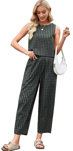 SotRong Gingham 2-delad sommardräkt för kvinnor, ledig passform, rutigt mönster, ärmlös, rund hals, korta byxor, hög midja, elastisk midja, matchande set, militärgrön, XL
