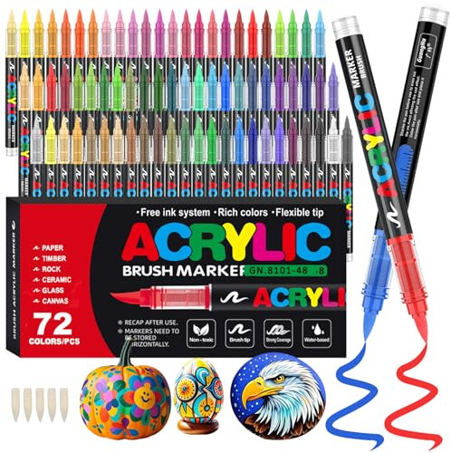 Funnasting 72 Couleurs Feutre Acrylique, Tête de Brosse Douce Marqueur Peinture Acrylique pour Coloriage, Verre, Tissu, Oeuf, Pétroglyphes et Bricolage Arts & Crafts Fournitures